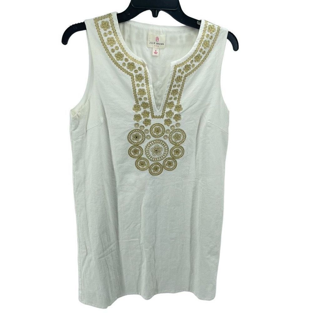 JB By Julie Brown Womens Embroidered tunic Dress Sleeveless Lined Cream Gold 6
